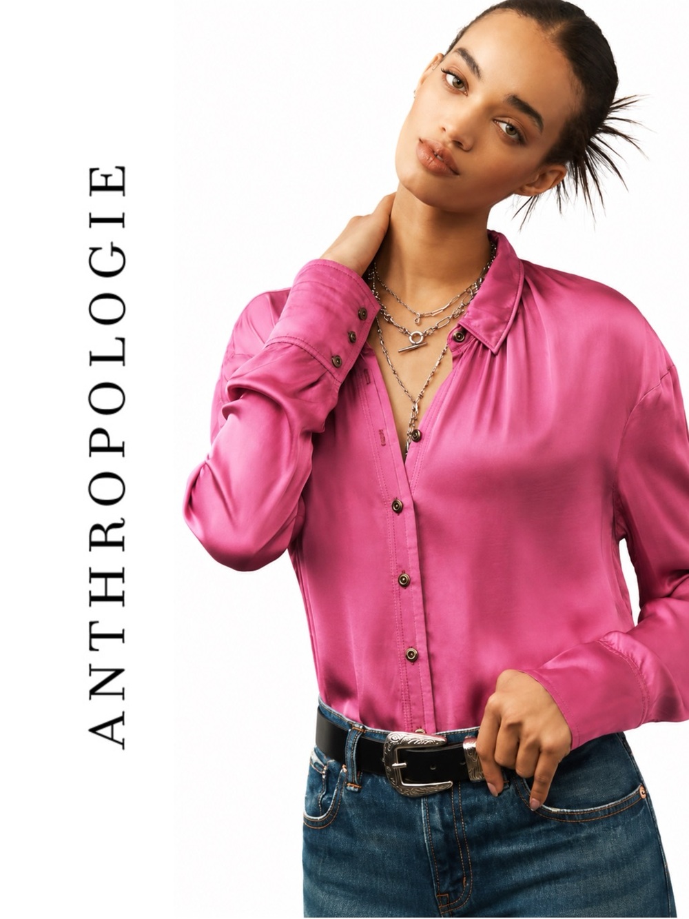 Anthropologie Pilcro Crop Satin Buttondown Blouse